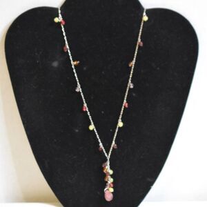 VTG Y-Shaped Silver Tone Link Chain Red/Purple Beaded Drop Pendant 16" Necklace